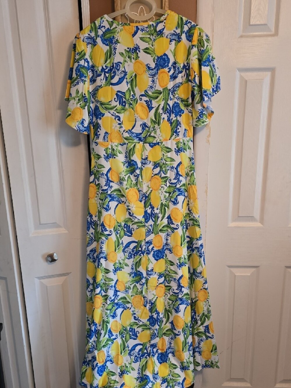 Floral Lemon Print V-Neck Midi Dress - Yellow & Blue - Picture 4 of 4